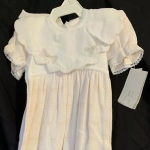 NWT Ticolino Light Pink Knit One Piece 6-9M Short Sleeve White Collar Bow Patter